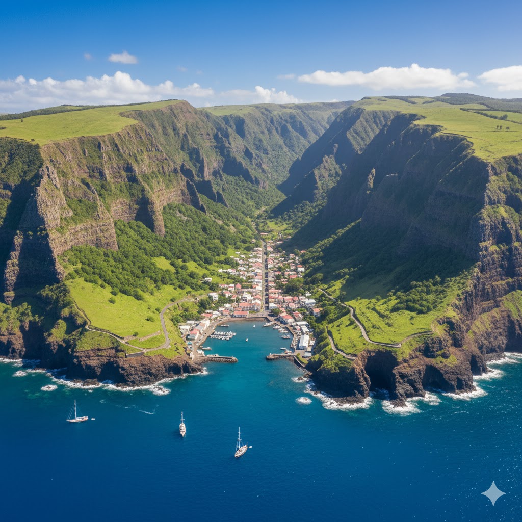 Rocky coastline and green hills surrounding Jamestown harbor, Saint Helena