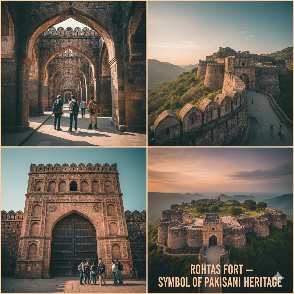 Rohtas Fort and 1 aerial view with battlements and Langar Khani Gate, symbol of historic forts in Pakistan