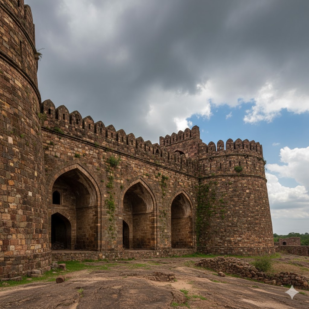 Rohtas Fort walls with historic arches under cloudy sky.