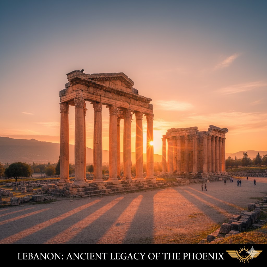 Roman temples of Baalbek glowing under sunset sky, Lebanon