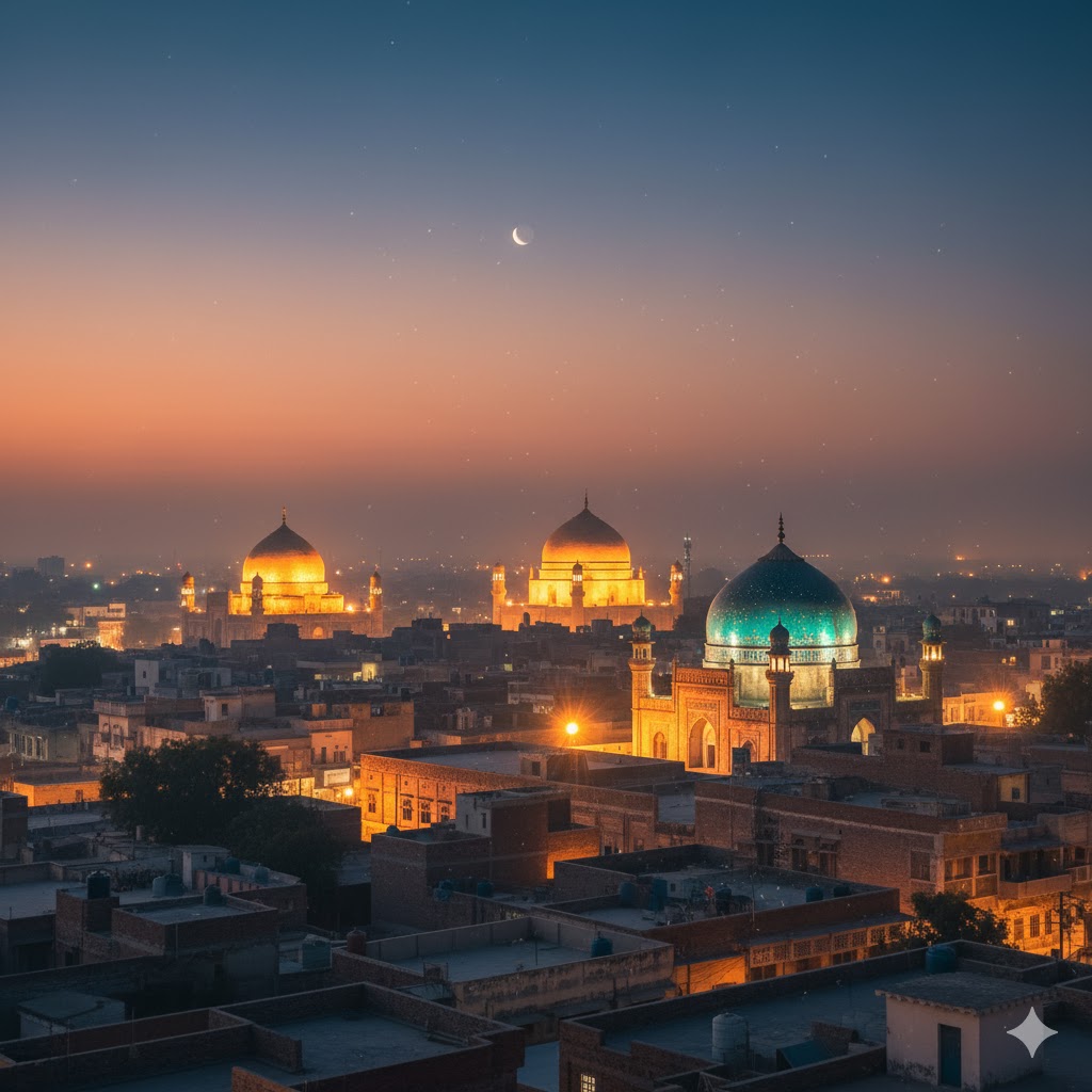 Rooftop view of Multan skyline with illuminated shrines and twilight haze Rooftop view of Multan skyline with illuminated shrines and twilight haze