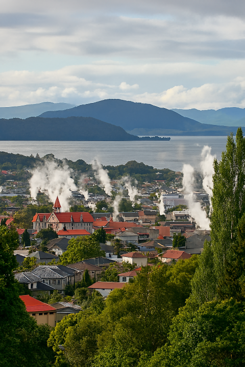 Rotorua, New Zealand Scenic-view-of-Rotorua,-New-Zealand,-showing-geothermal-steam-rising-from-hot-springs