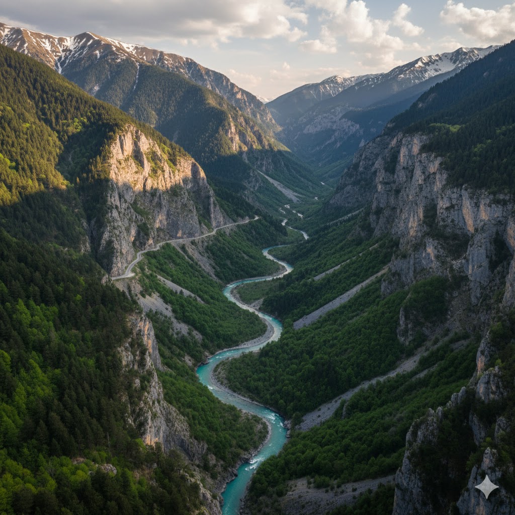 Rugova Canyon with winding river through mountain valley, Kosovo