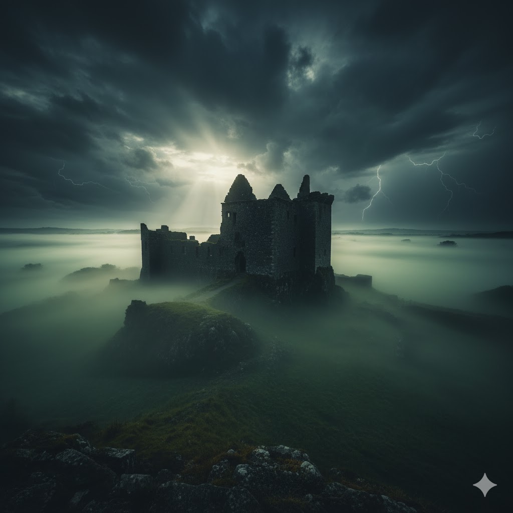 Ruined Leap Castle rising from misty Irish hills beneath a stormy sky. 