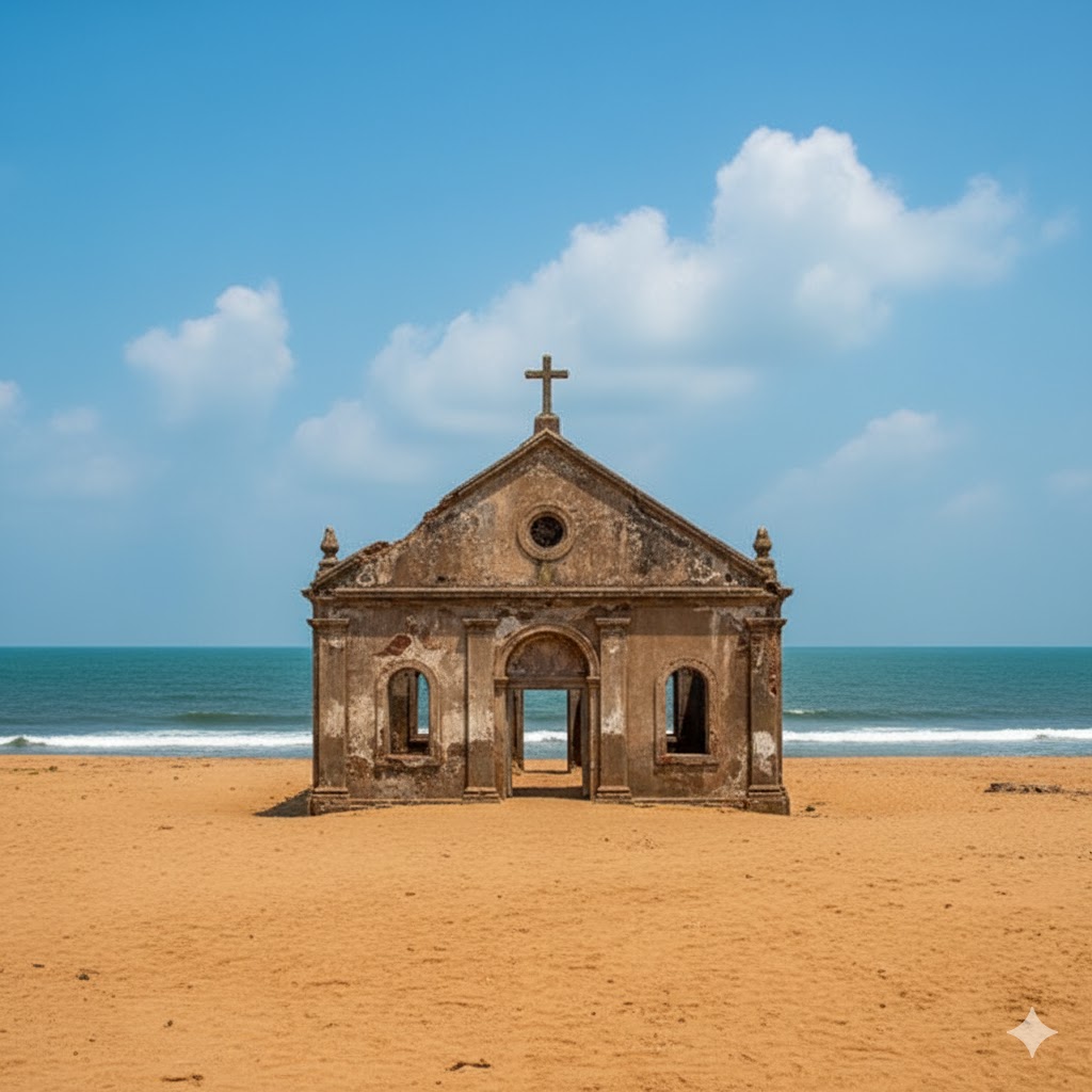 Ruined church of Dhanushkodi standing amid golden sands and turquoise sea at sunset.