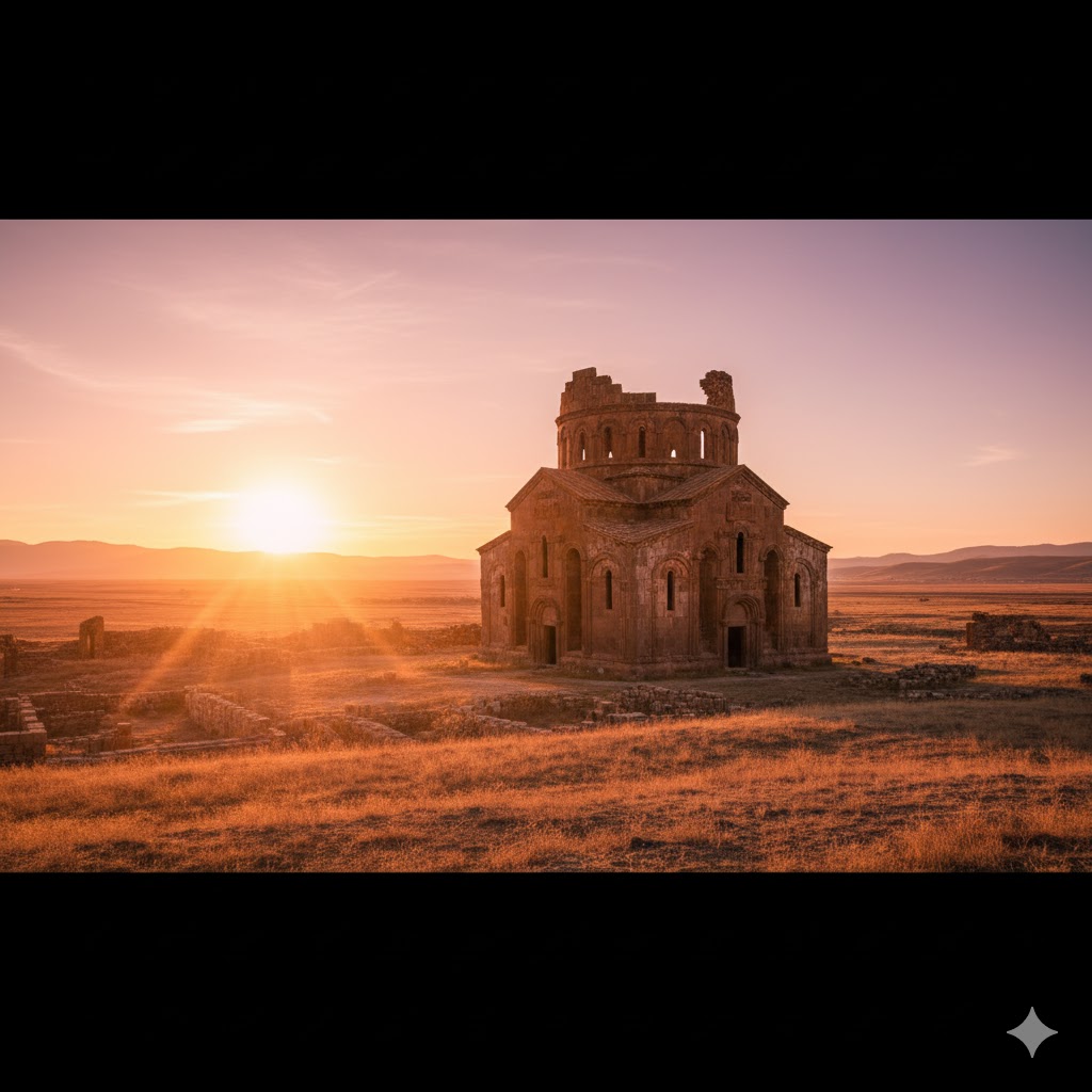 Ruins of Ani Cathedral under golden evening light on Turkey’s eastern plains. 