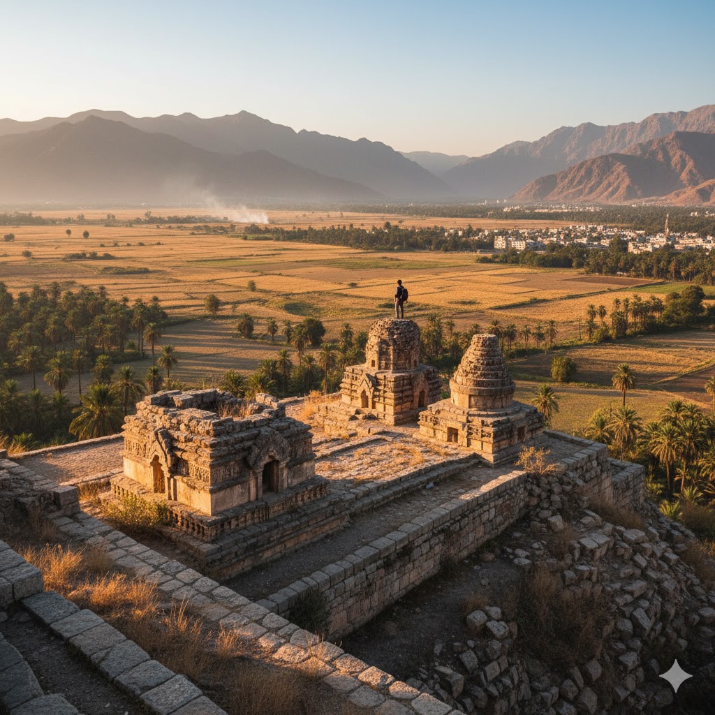 Ruins of Jamal Garhi Monastery overlooking Mardan valley, Pakistan