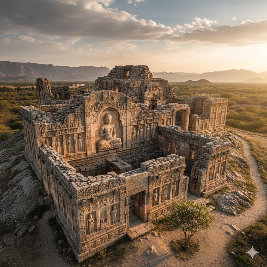 Ruins of Jamal Garhi Monastery with Buddha reliefs carved into ancient stone walls. 