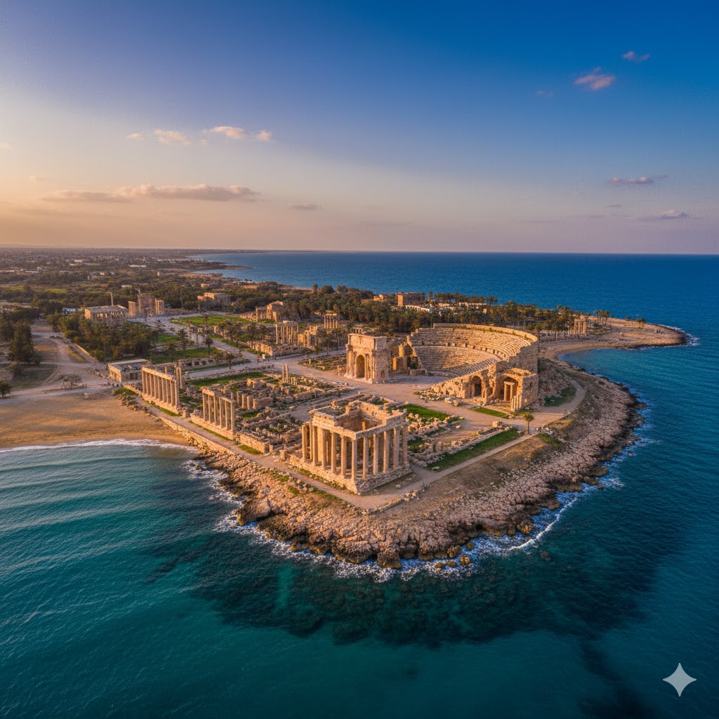 Ruins of Leptis Magna overlooking the blue Mediterranean Sea, Libya