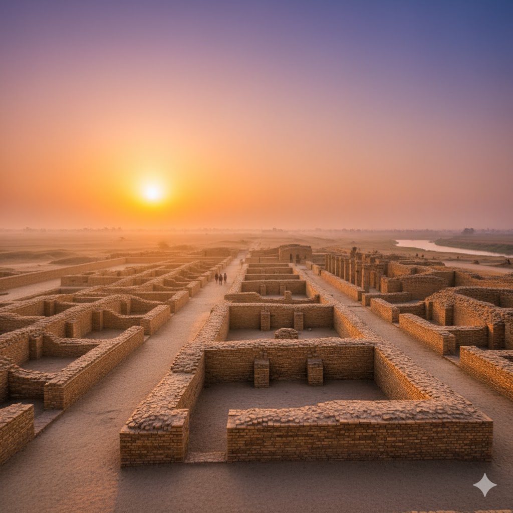 Ruins of Moenjodaro under golden Sindh sunrise.