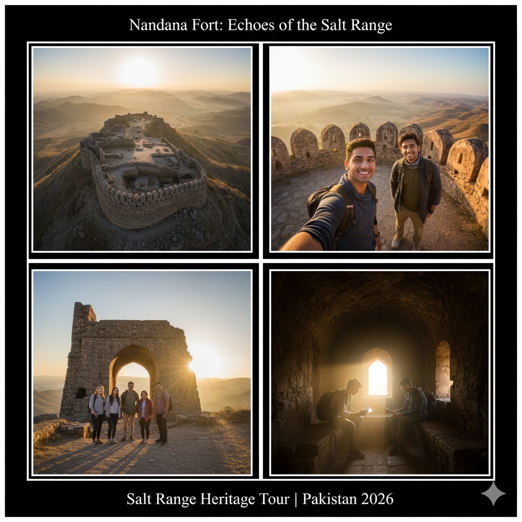 Ruins of Nandana Fort in the Salt Range under a golden sunrise