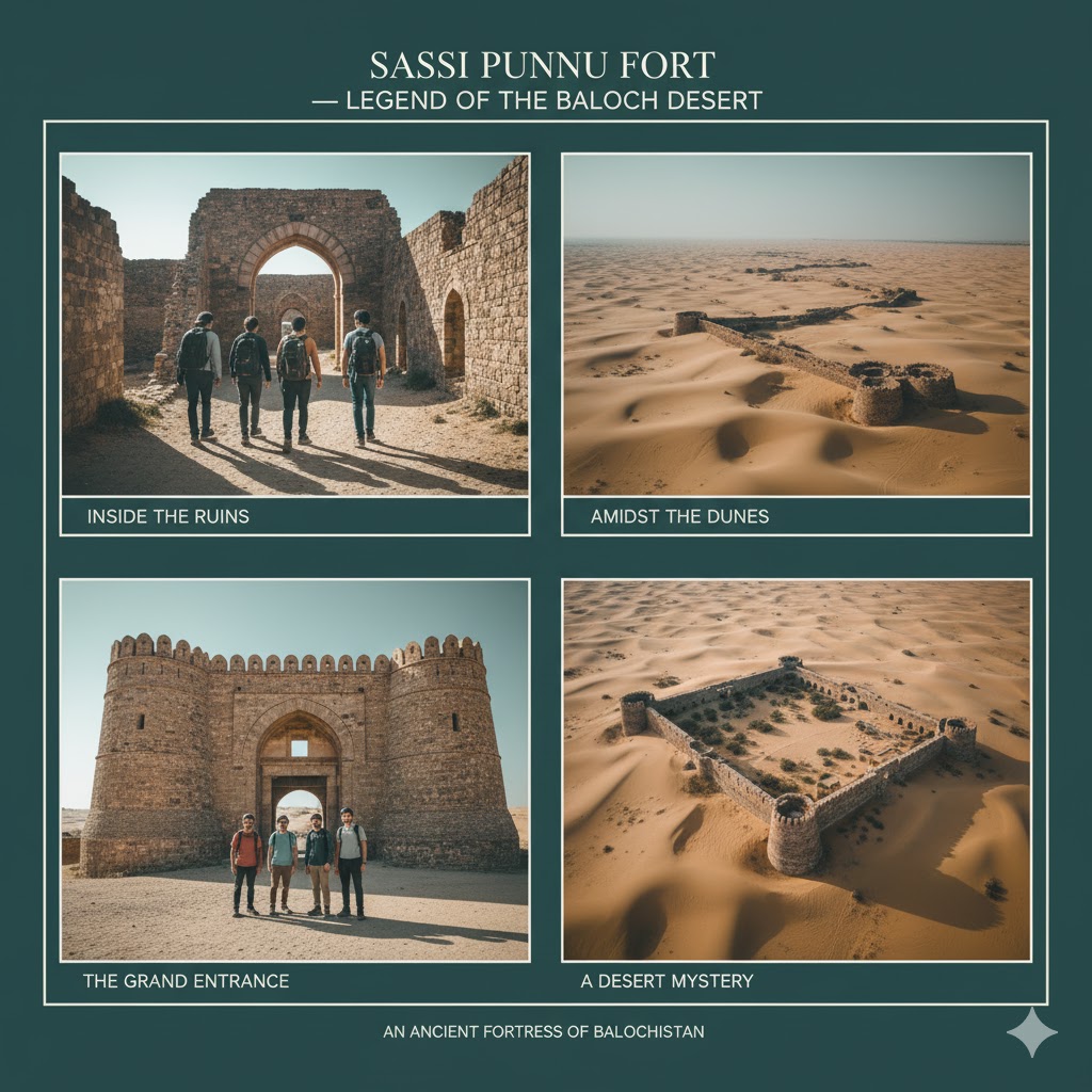Ruins of Sassi Punnu Fort amid desert dunes in Turbat, Balochistan