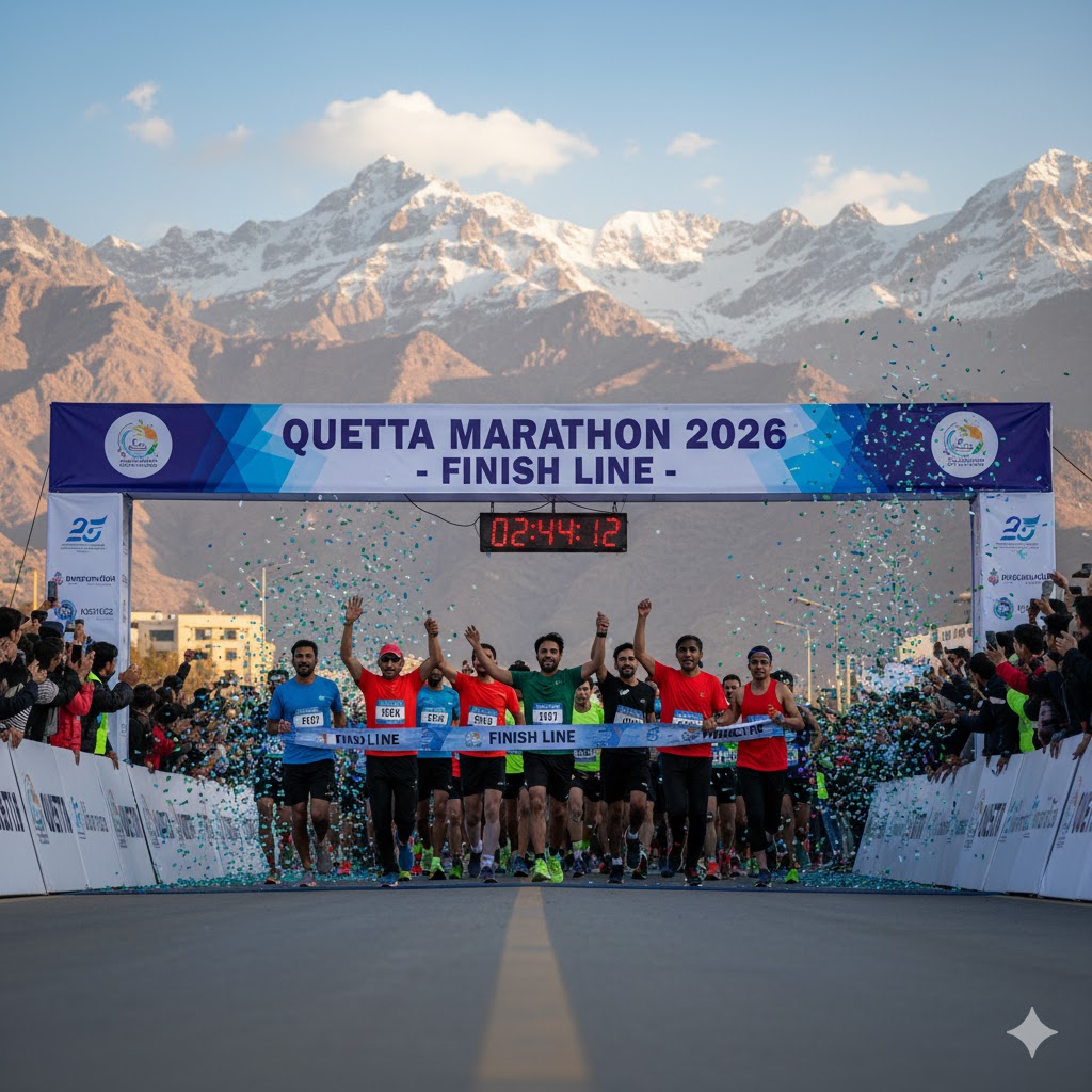 Runners crossing finish line during Quetta Marathon 2026 with mountain background