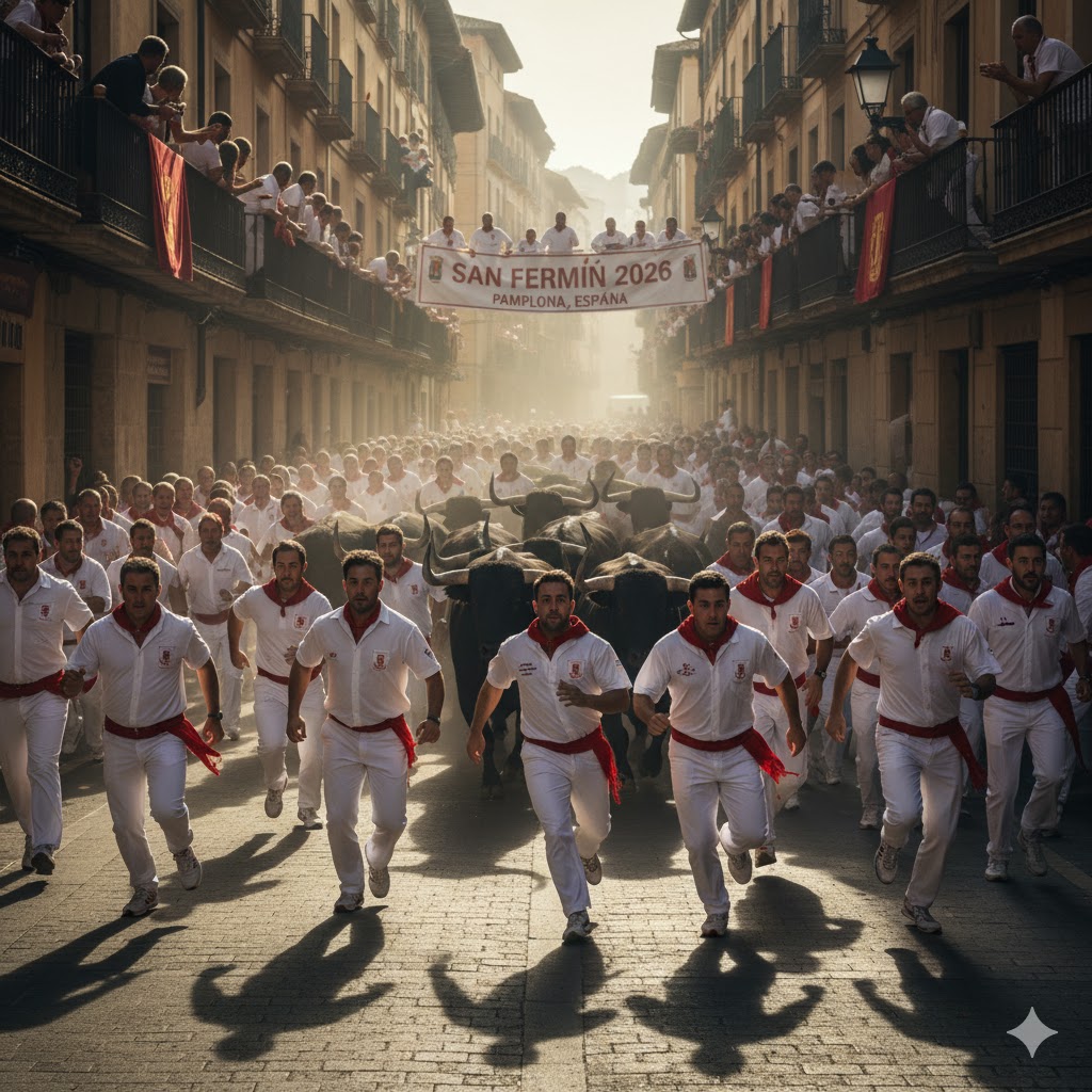Runners dressed in white during Running of the Bulls 2026 in Pamplona