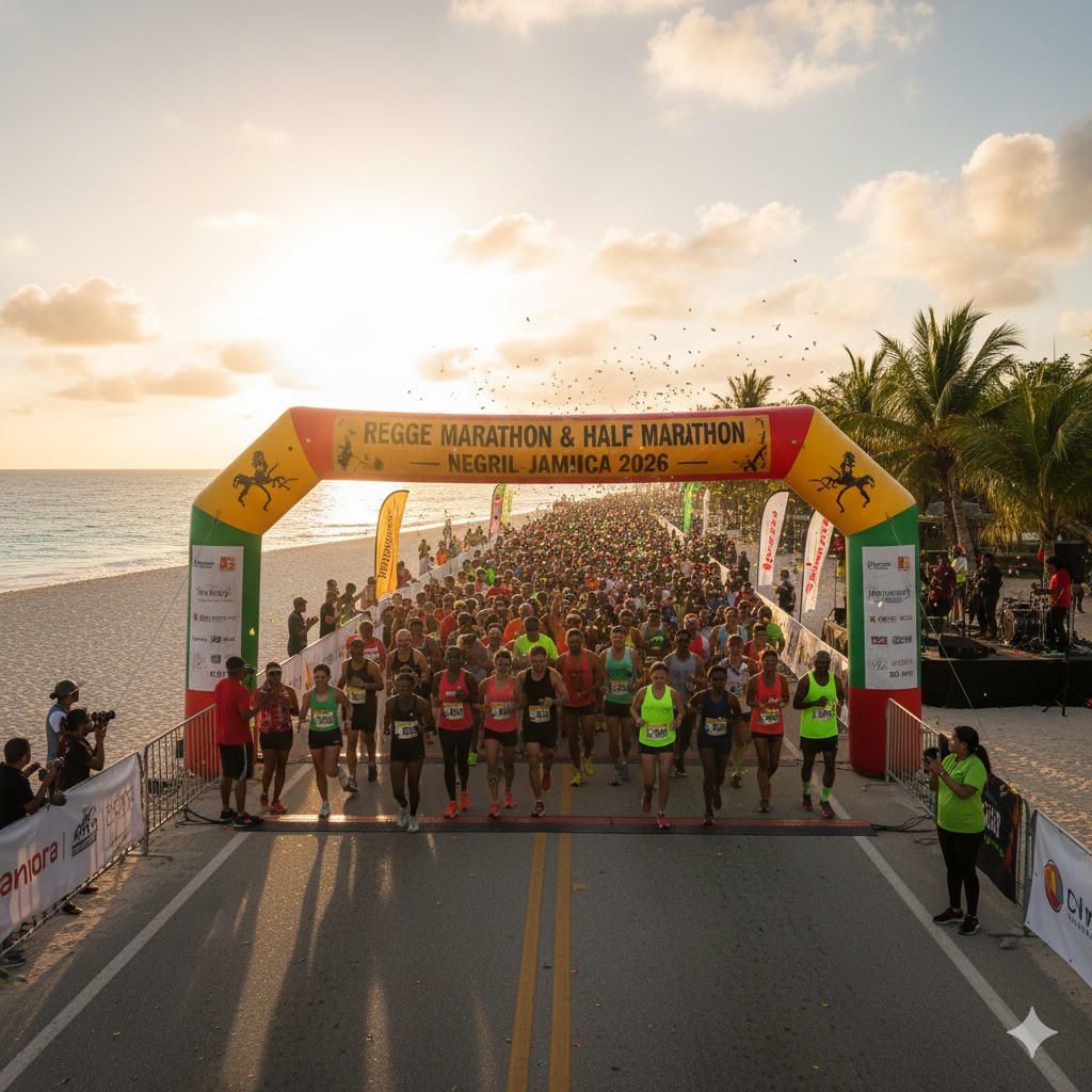 Runners finishing Reggae Marathon 2026 in Negril, Jamaica