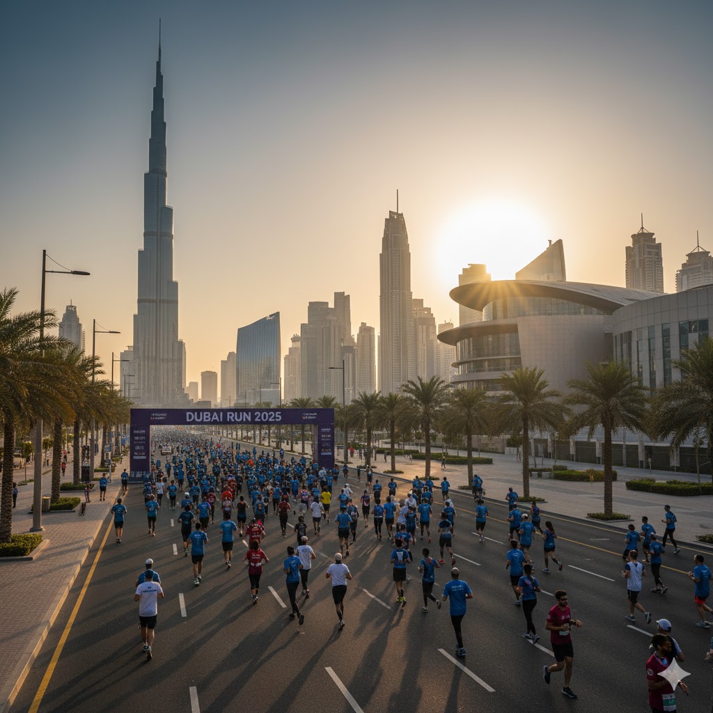 Runners jogging past Burj Khalifa and Dubai Opera during Dubai Run 2025 at sunrise