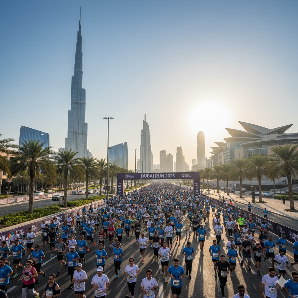 Runners participating in Dubai Run 2025 jogging past Burj Khalifa and Dubai Opera on a bright morning