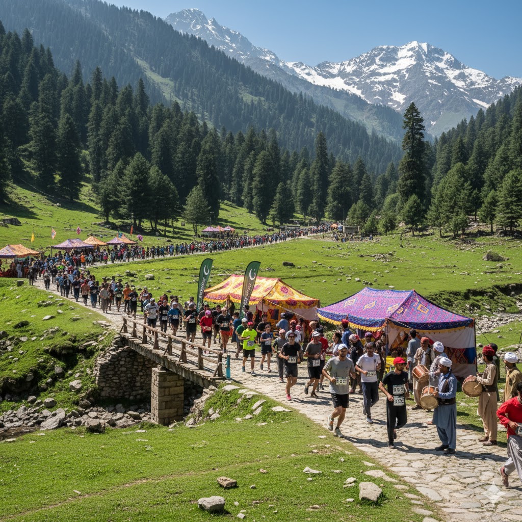 Runners participating in Swat Marathon through scenic mountain trails with cultural zones in the background.