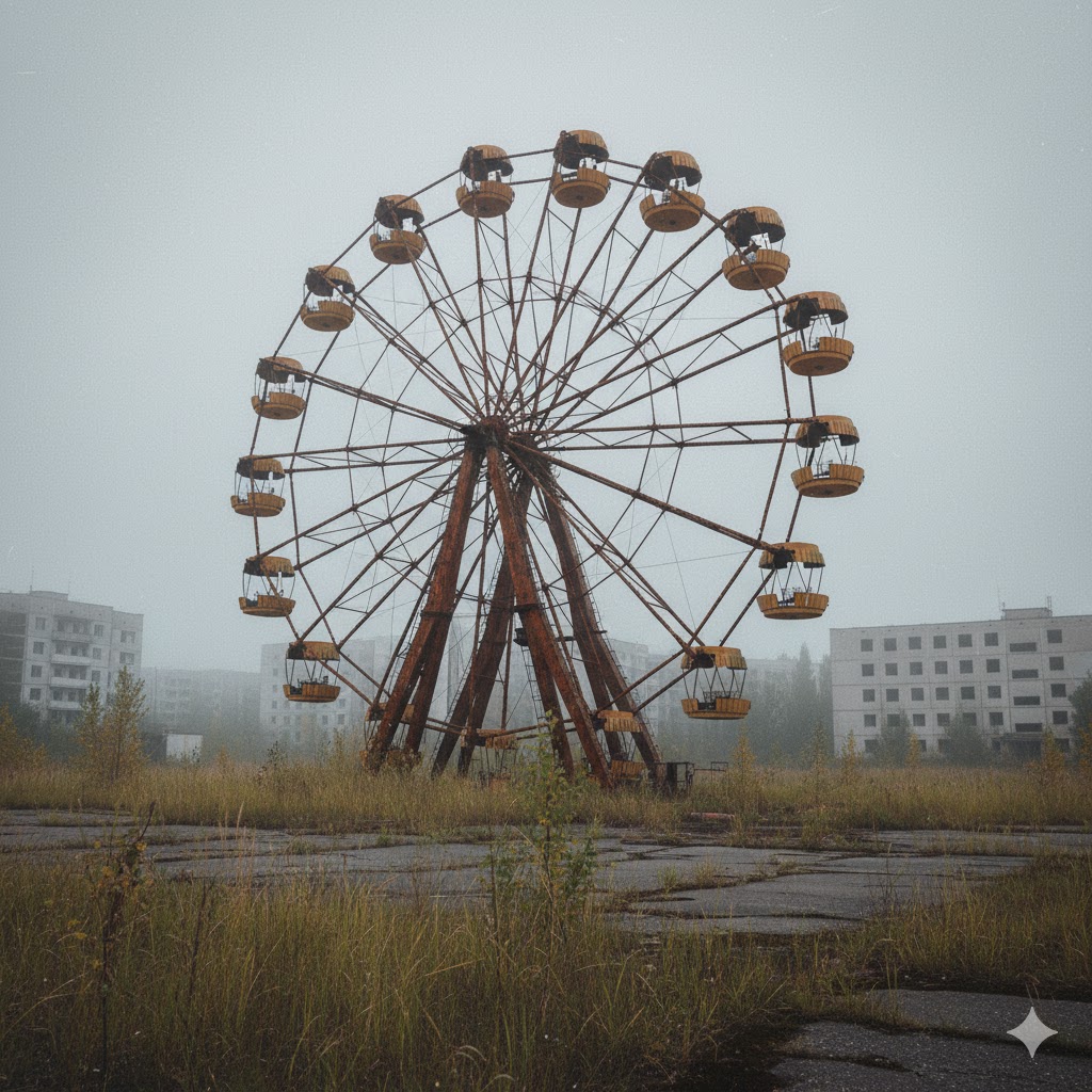Rusted Ferris wheel standing silent amid overgrown grass in abandoned Pripyat, Ukraine.