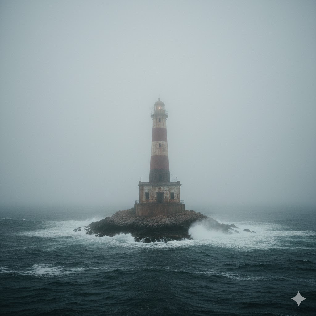 Rusted lighthouse of Aniva emerging from thick ocean fog in Sakhalin, Russia.