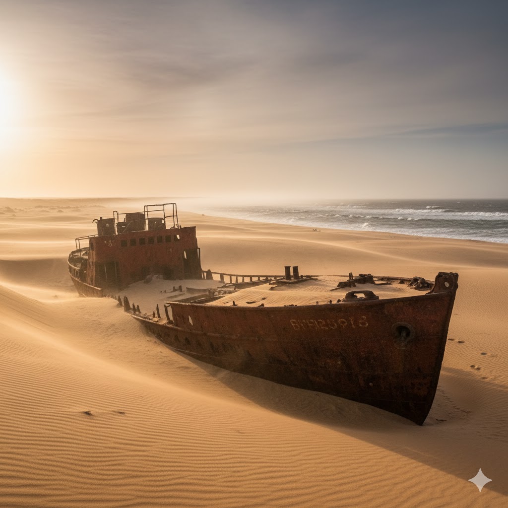 Rusted shipwreck lying in golden desert sands along Namibia’s Skeleton Coast. 