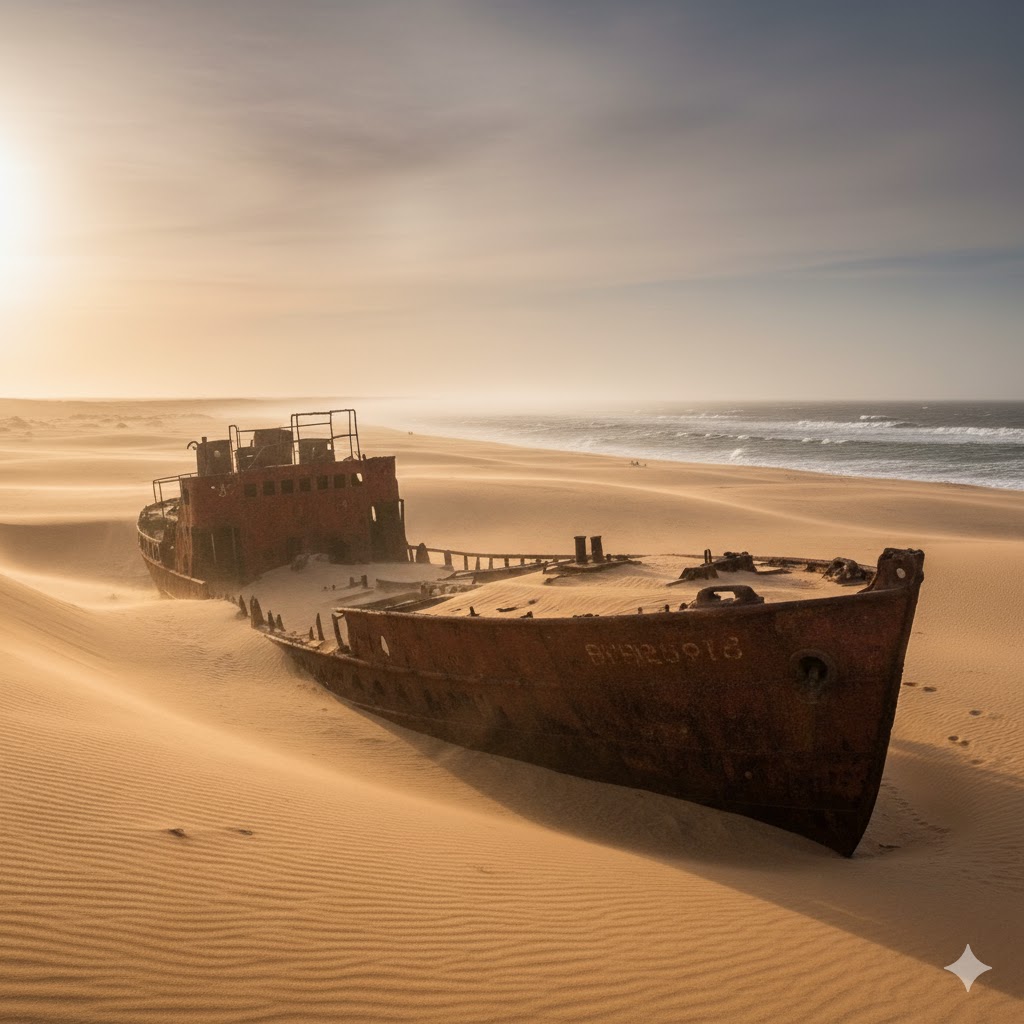 Rusted shipwreck surrounded by desert sands on Namibia’s Skeleton Coast. 