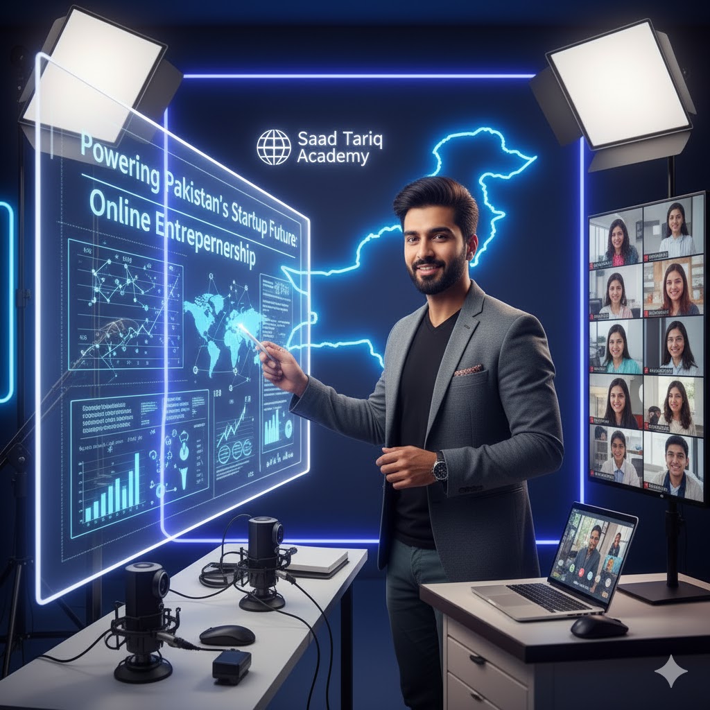 Saad Tariq conducting an online entrepreneurship course for Pakistani students
