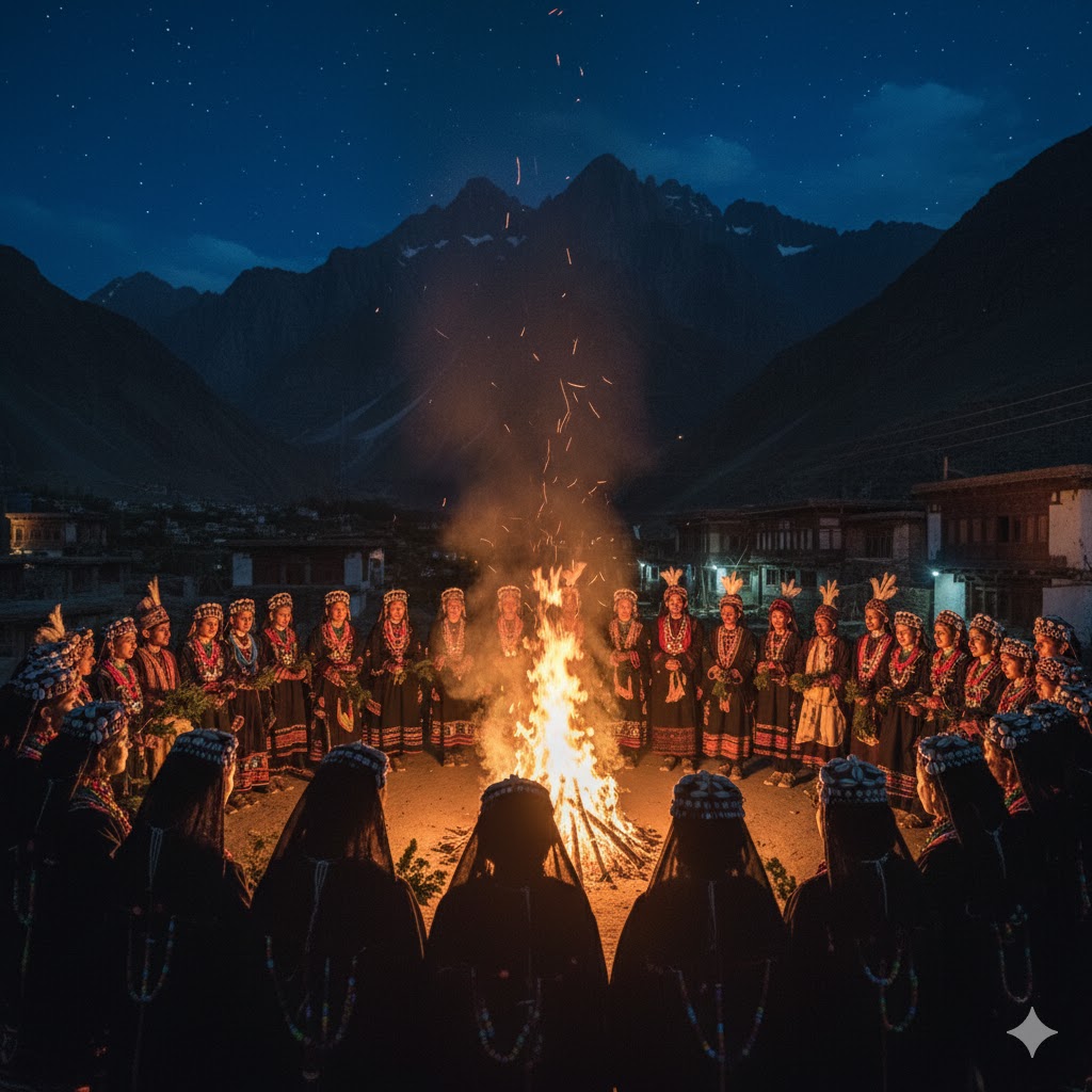 Sacred fire ritual at Choimus festival with Kalash villagers in traditional attire