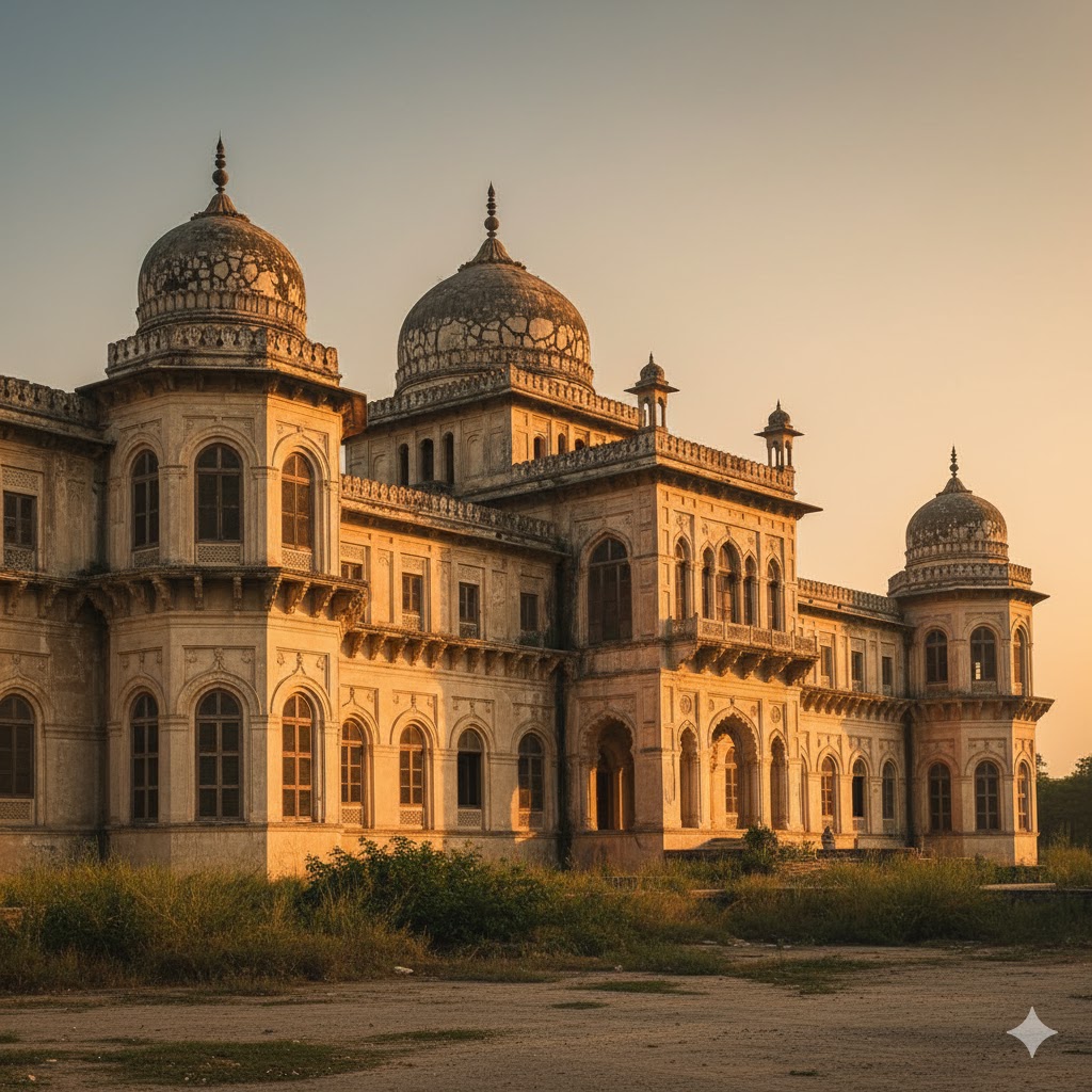 Sadiq Garh Palace with fading domes and arches under golden evening light, Ahmedpur East near Bahawalpur. Sadiq Garh Palace with fading domes and arches under golden evening light, Ahmedpur East near Bahawalpur.