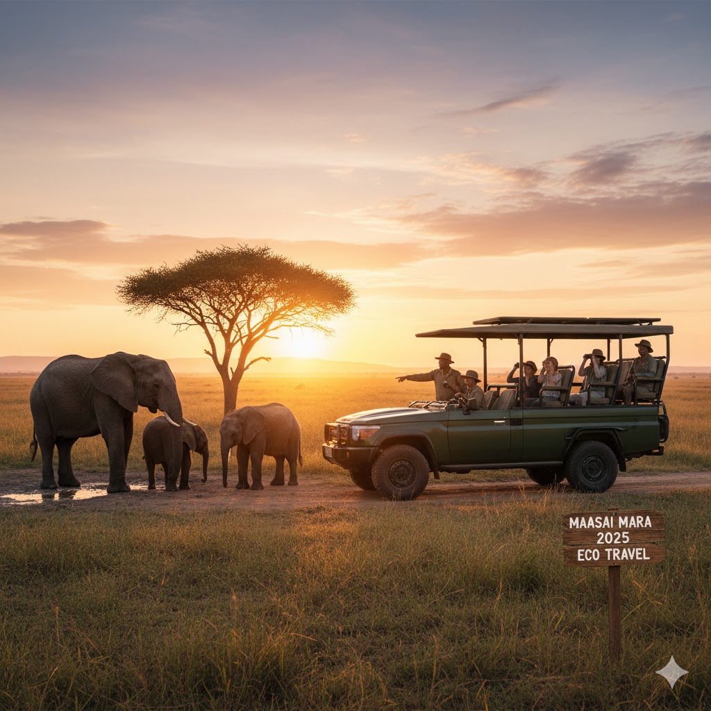Safari jeep watching elephants at sunrise Maasai Mara Kenya 2025 eco travel