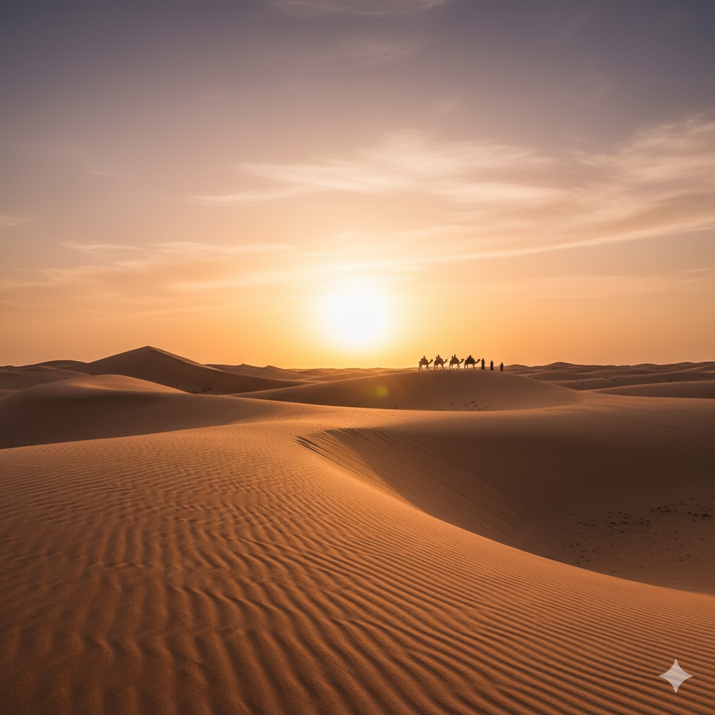 Sahara Desert dunes under golden sunset in Algeria
