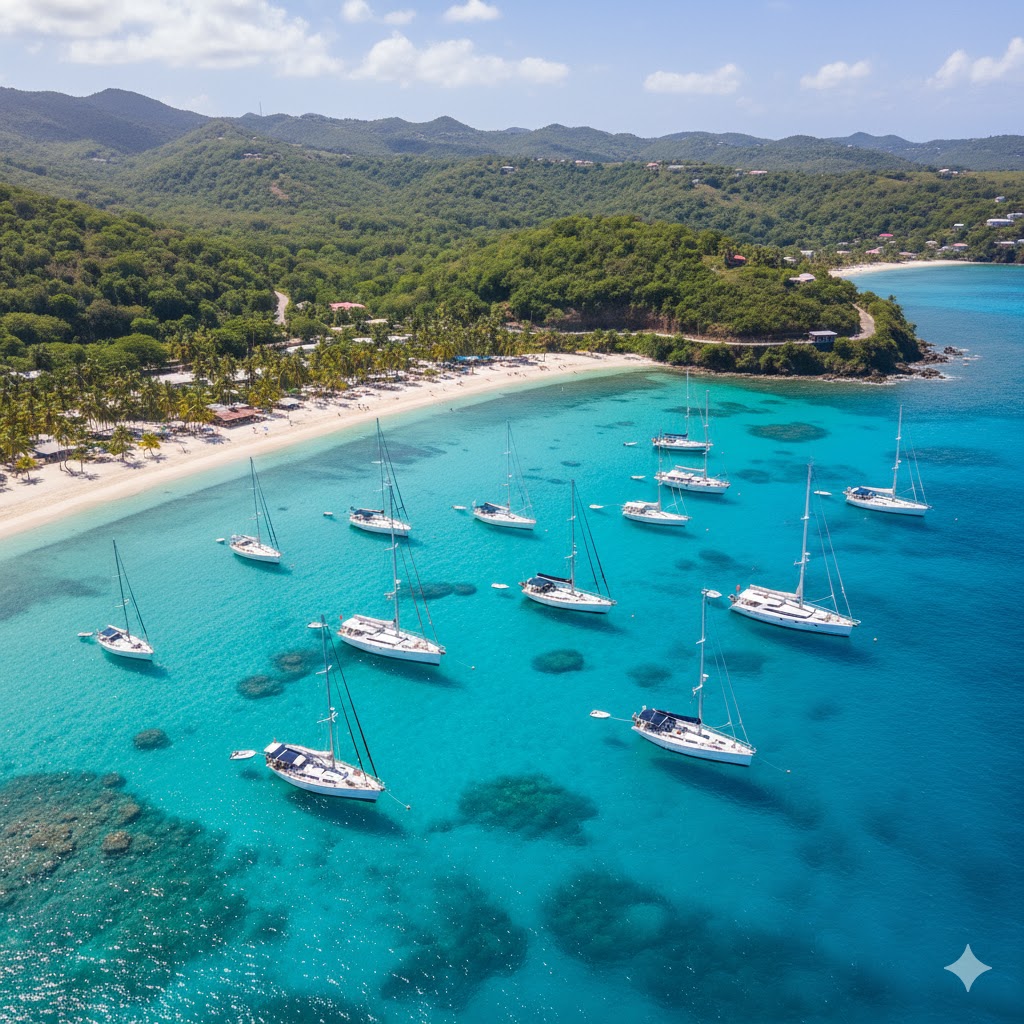 Sailboats anchored near turquoise shores of Bequia Island, Saint Vincent and the Grenadines