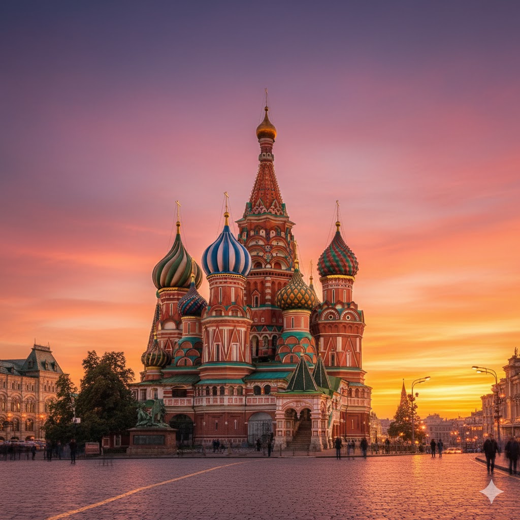 Saint Basil’s Cathedral with colorful domes glowing under sunset, Moscow, Russia