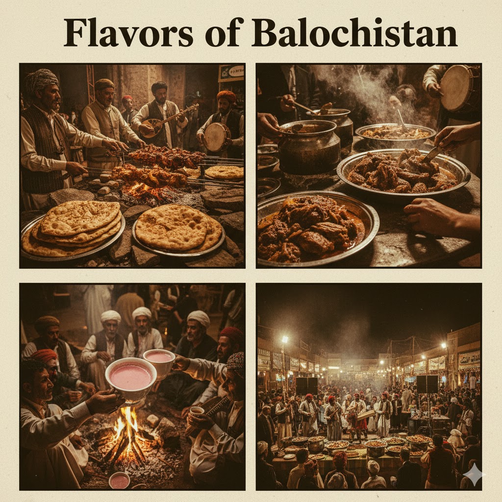 Sajji, Kaak roti, Dampukht, Balochi rosh, and Sheer chai are served across festivals