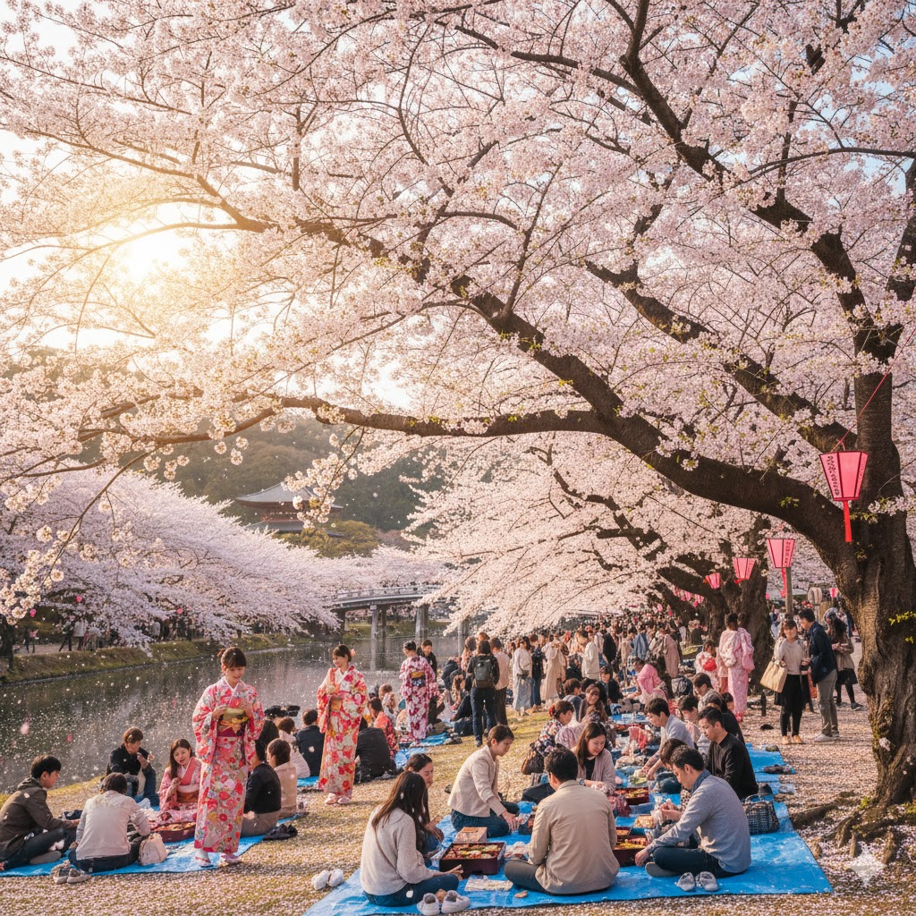 Sakura trees in full bloom with people celebrating Hanami in Kyoto