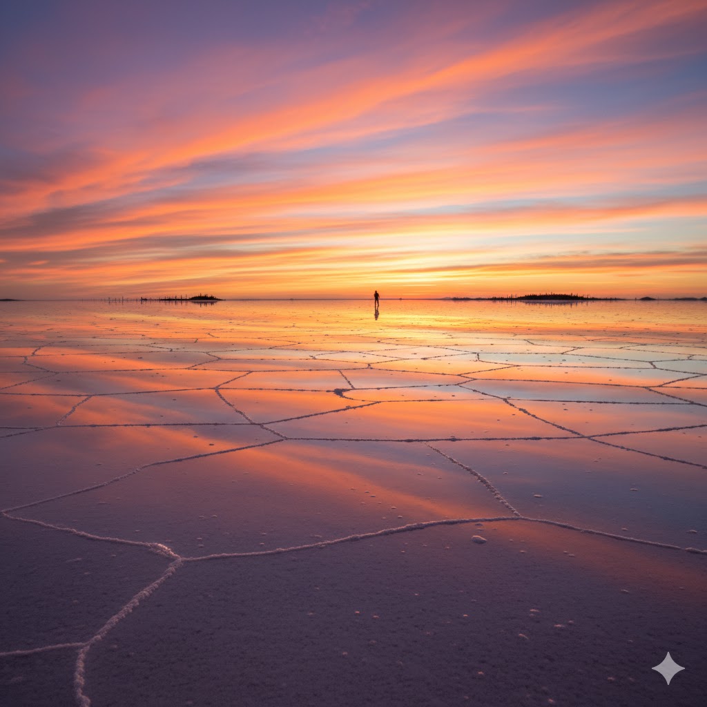 Salar de Uyuni salt flat reflecting clouds and sunset colors in Bolivia. Salar de Uyuni salt flat reflecting clouds and sunset colors in Bolivia.