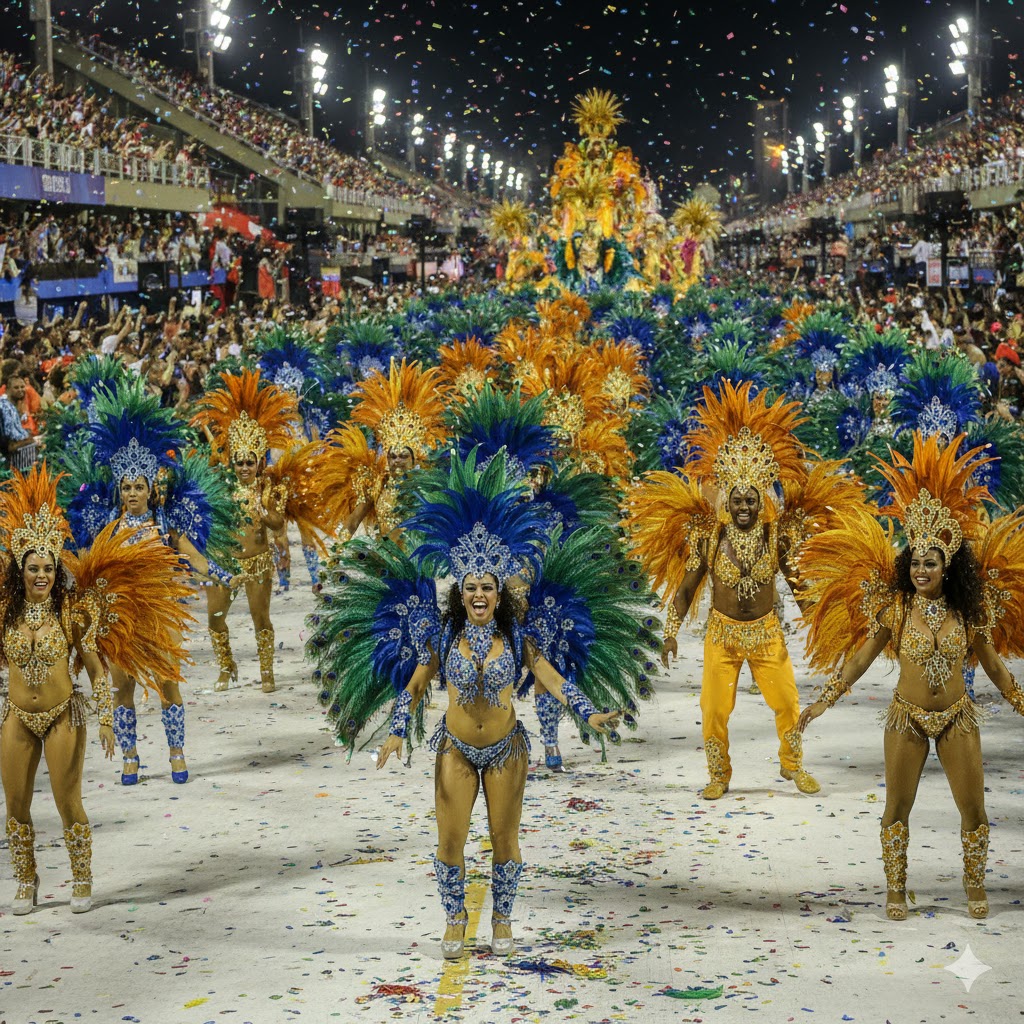 Samba dancers in feather costumes parading through Rio Carnival streets