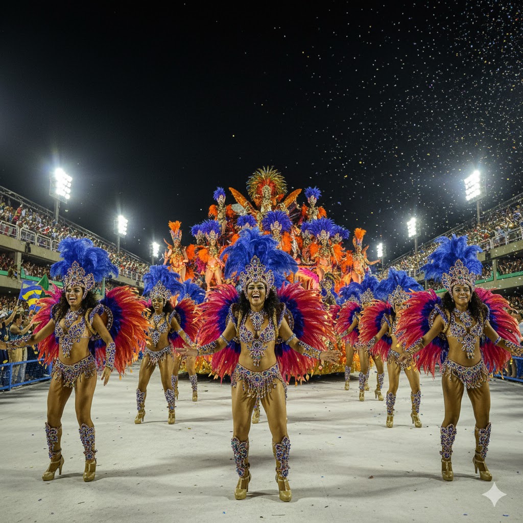 Samba dancers in vibrant costumes performing in Rio Carnival 2026 parade