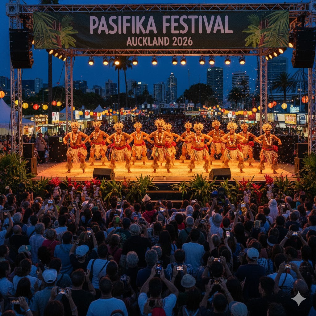 Samoan dancers performing in traditional attire at Pasifika Festival Auckland 2026.