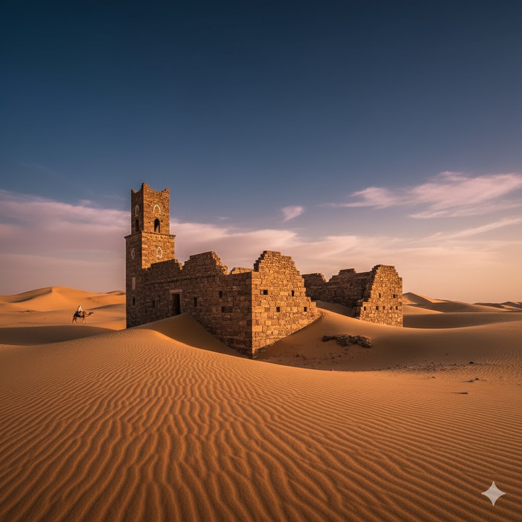 Sand dunes and ancient mosque ruins in Chinguetti, Mauritania