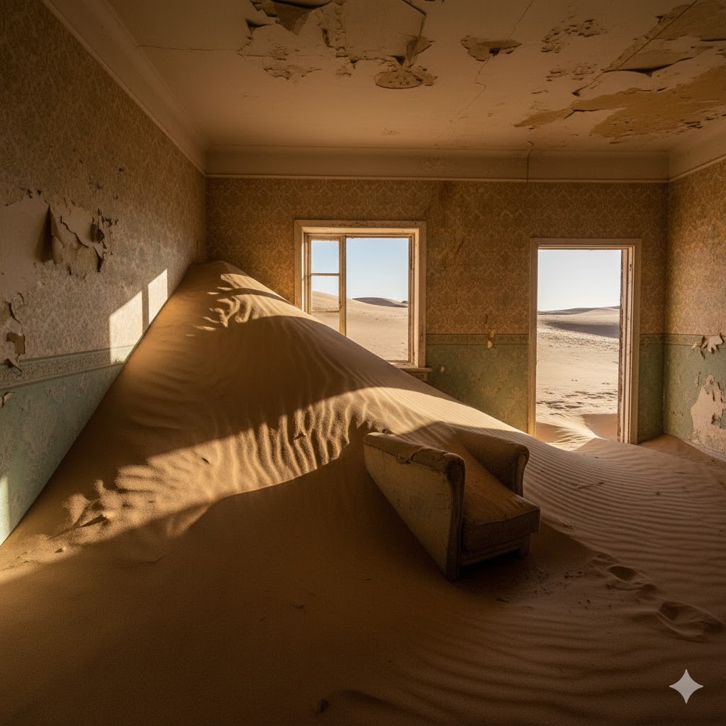 Sand dunes invading the abandoned rooms of Kolmanskop ghost town in Namibia. 