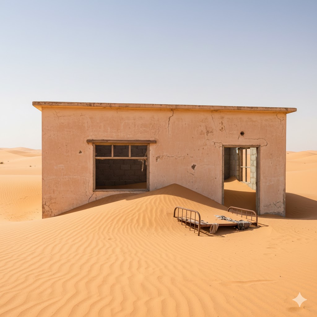 Sand-filled abandoned house at Al Madam ghost village in UAE desert. 