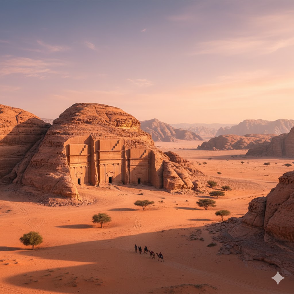 Sandstone tombs and cliffs of AlUla under golden desert light, Saudi Arabia.