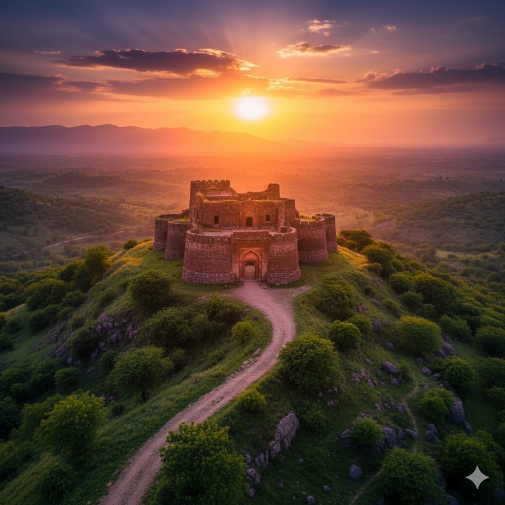 Sangni Fort near Islamabad surrounded by hills and ancient stone walls glowing under sunset light.