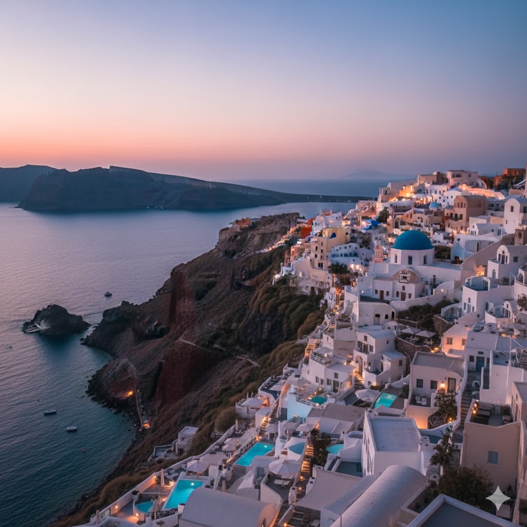 Santorini’s whitewashed buildings over the Aegean Sea at dusk