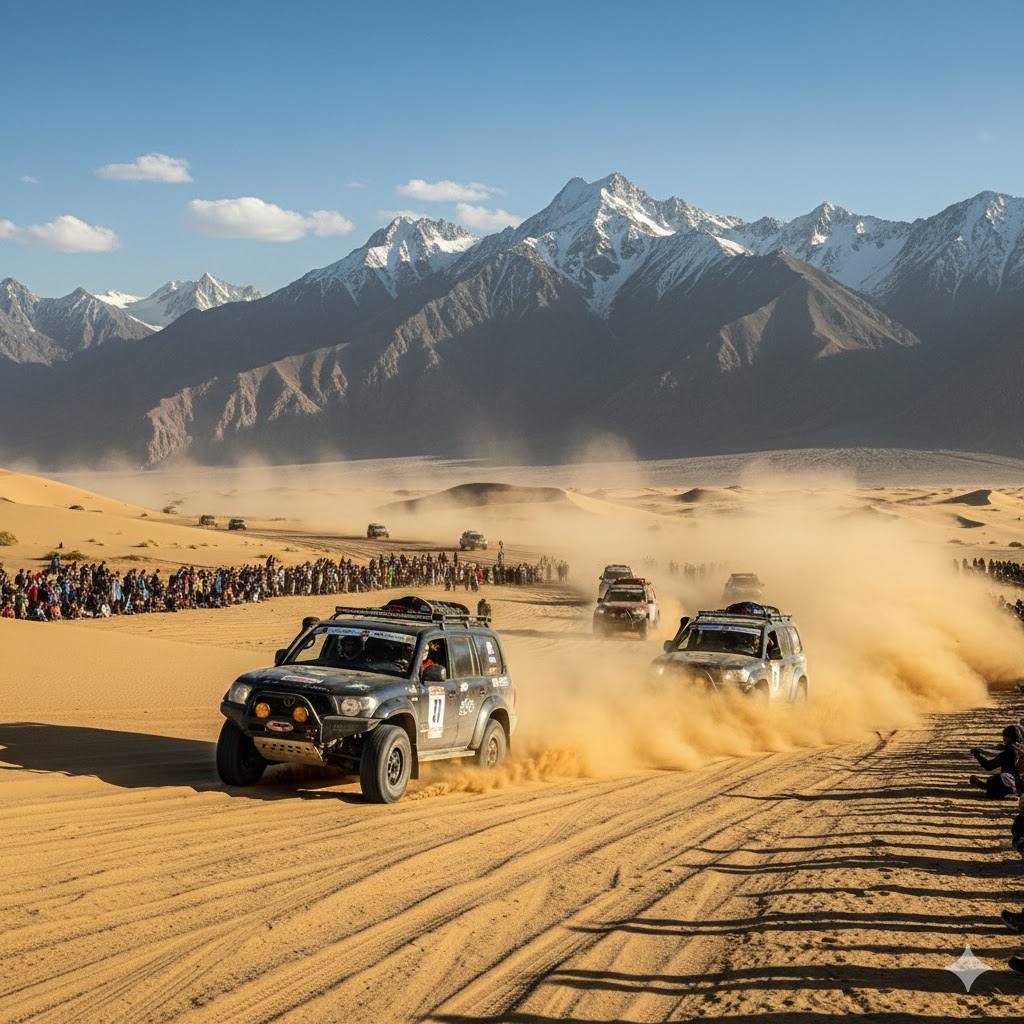 Sarfaranga Jeep Rally cars speeding across golden cold desert dunes in Skardu, surrounded by majestic mountain peaks.