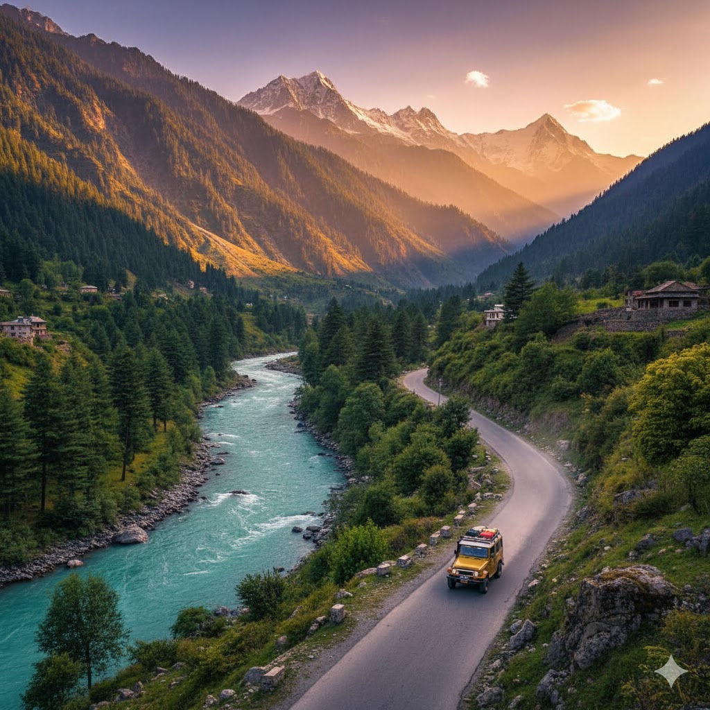 Scenic drive through Swat Valley along the river