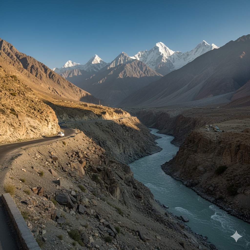 Scenic mountain road from Gilgit to Skardu with Indus River running alongside and snow-capped peaks in the background. Scenic mountain road from Gilgit to Skardu with Indus River running alongside and snow-capped peaks in the background.