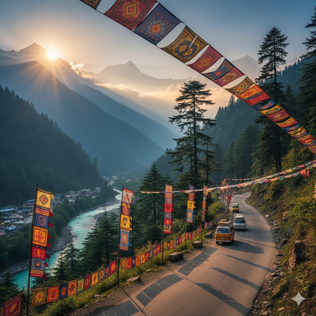 Scenic mountain road leading to Kasol with colorful festival banners