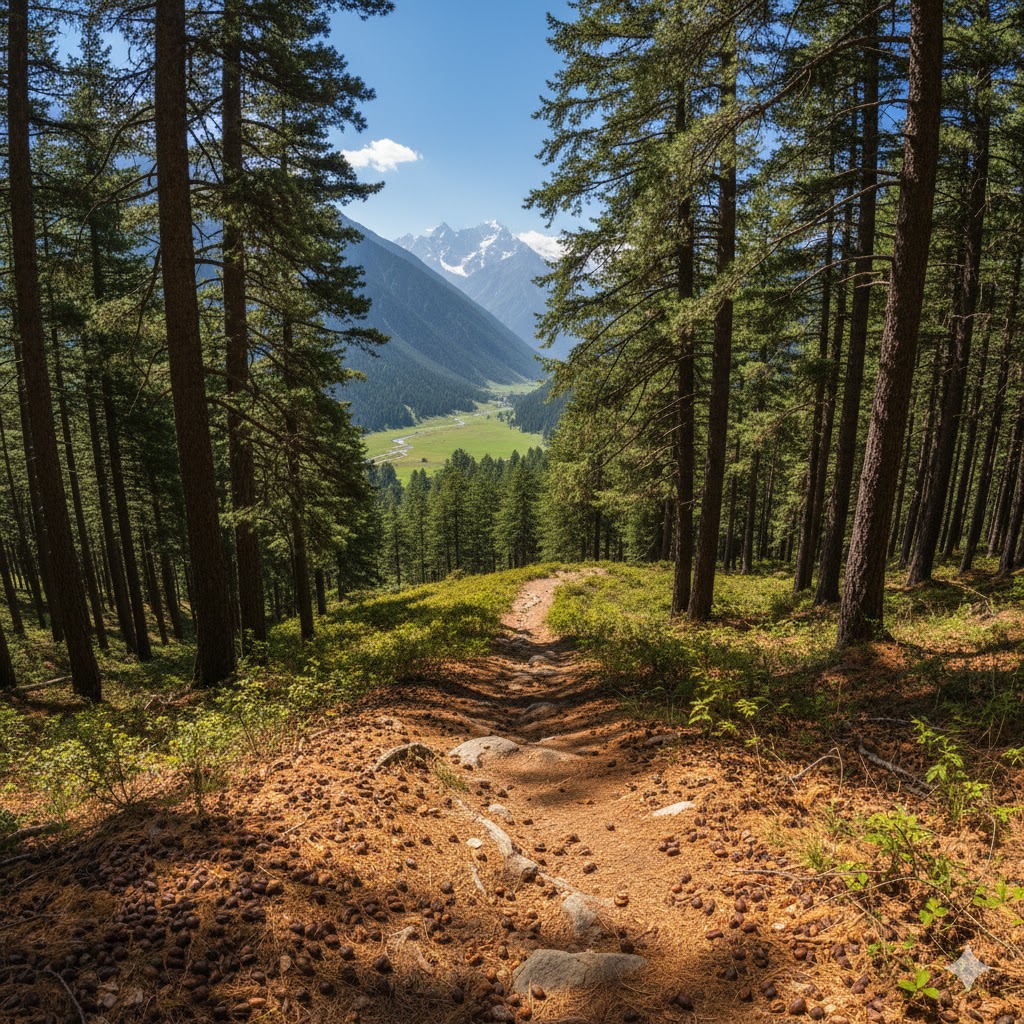 Scenic pine nut forest trail leading toward Minimarg Astore Valley with golden shells on the forest floor. 